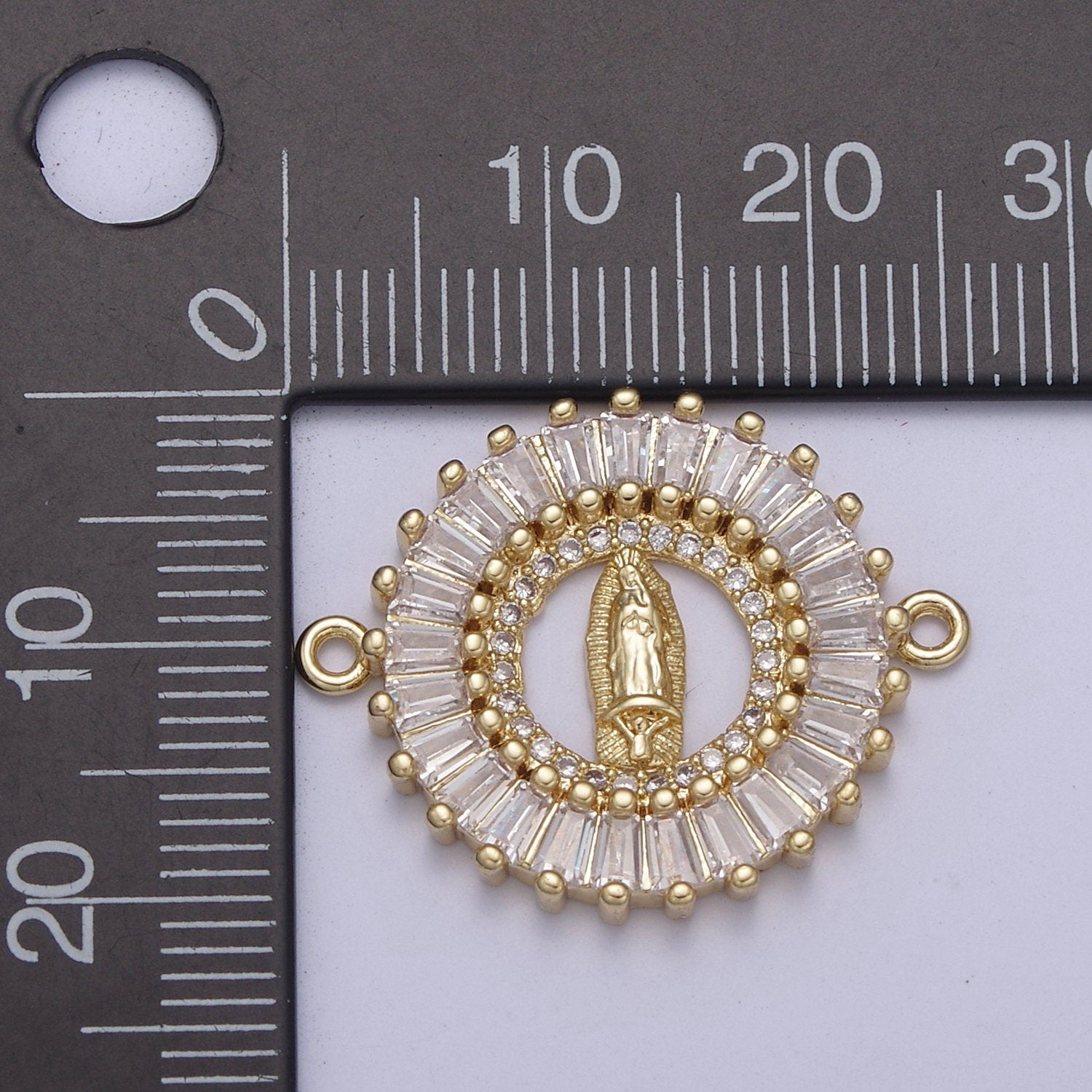Gold Filled CZ Virgin Mary On Round Coin Shape Connector, 14K Gold Filled Lady of Guadalupe Baguette Link Connector F-173