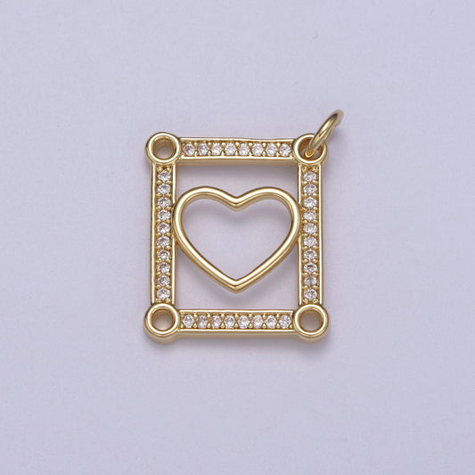 Dainty Gold Tile Heart Gold Filled Charm with Cubic Zirconia Stone for Bracelet Necklace Earring N-331