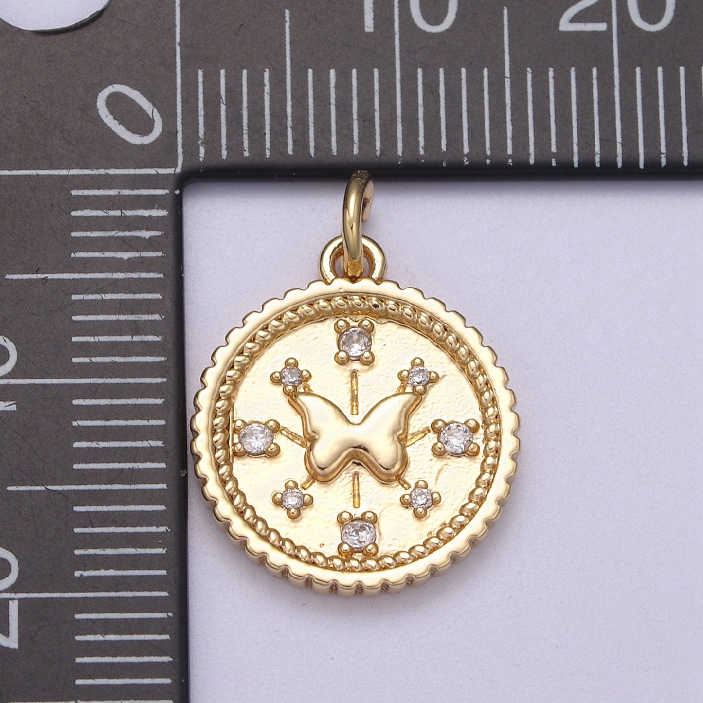 Small Butterfly Charm Pendant 16K Gold Filled CZ Micro Pave Small Coin Charm Pendant Necklace N-282