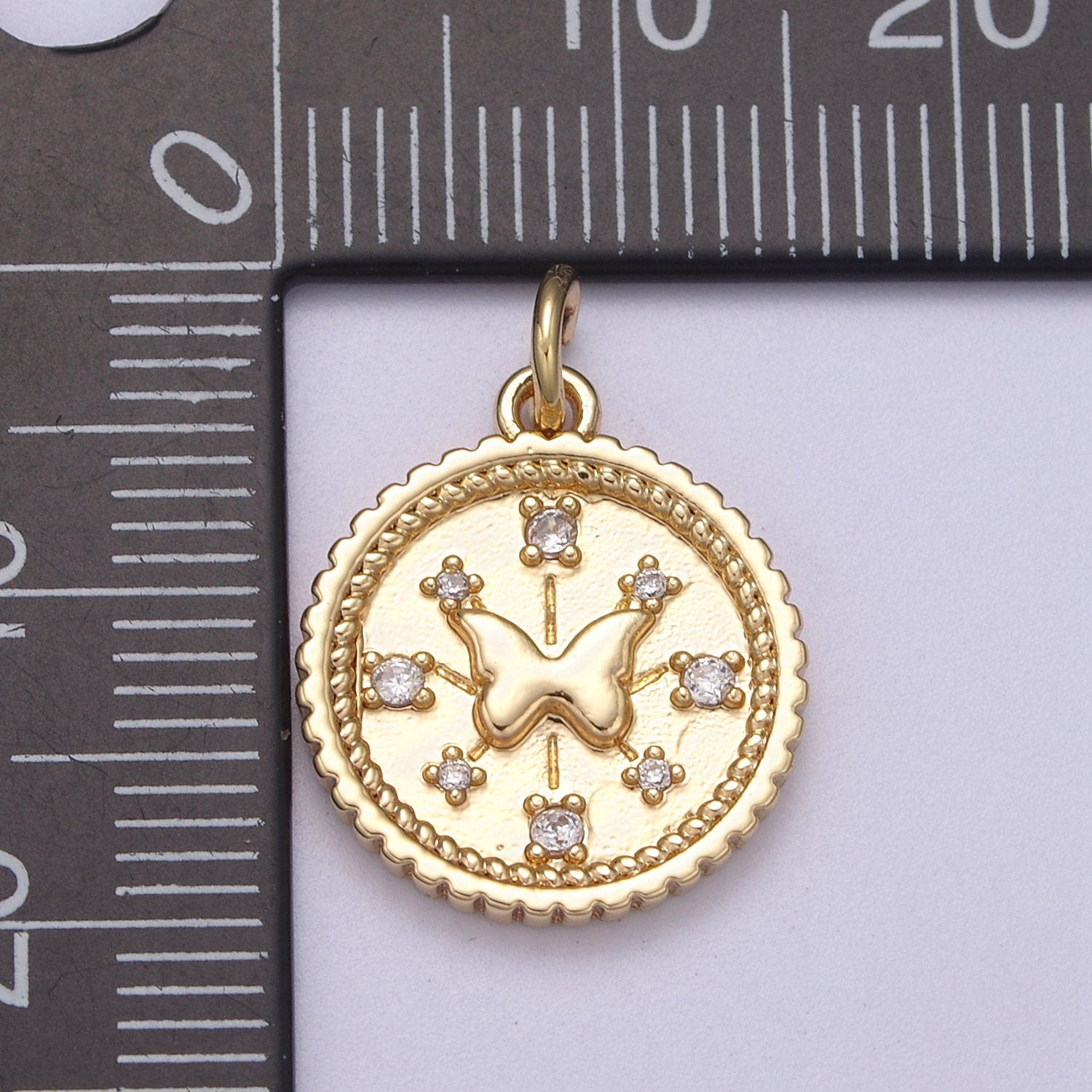 Small Butterfly Charm Pendant 16K Gold Filled CZ Micro Pave Small Coin Charm Pendant Necklace N-282
