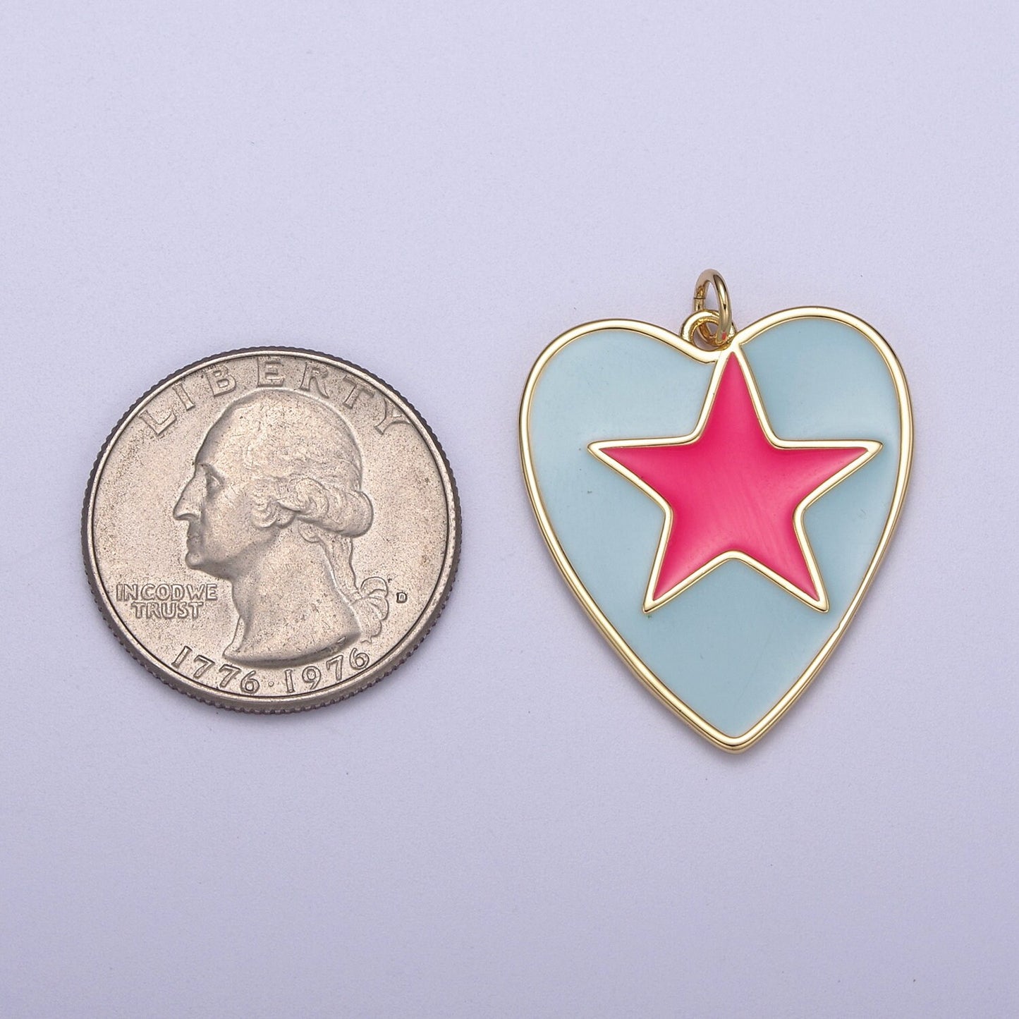 Enamel Colorful Five Point Star On Heart Shape Pendant, 14K Gold Filled Blue Enamel Charm N-300