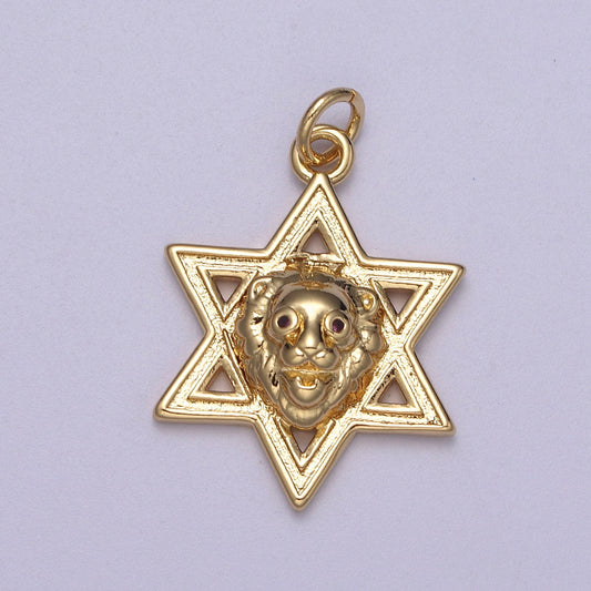 Gold Star of David Lion of Judah Pendant, Solid Magen David Jewish Star Jewelry N-340