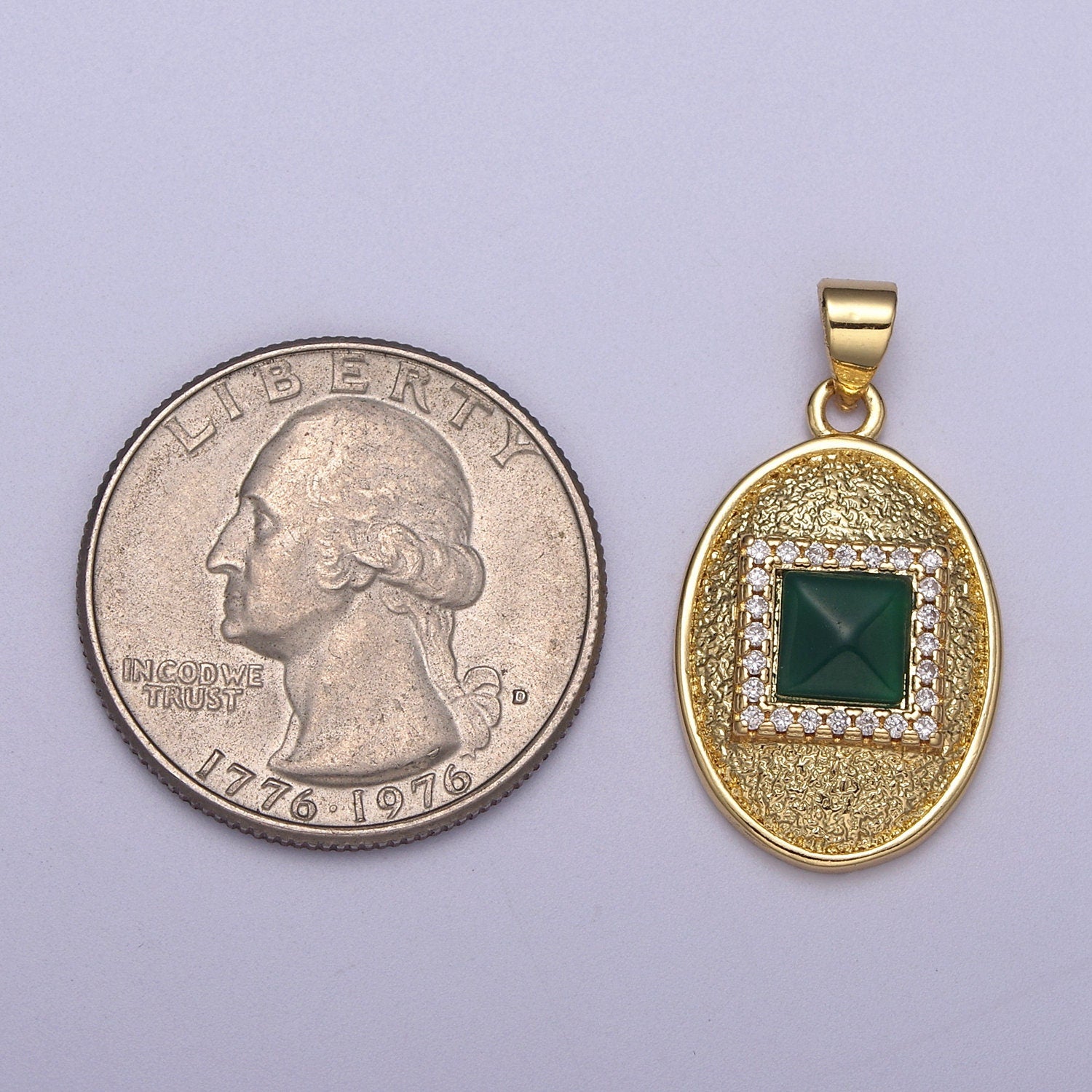 Dainty Egg Oval Pendant Square Green CZ Stone Charm H-215