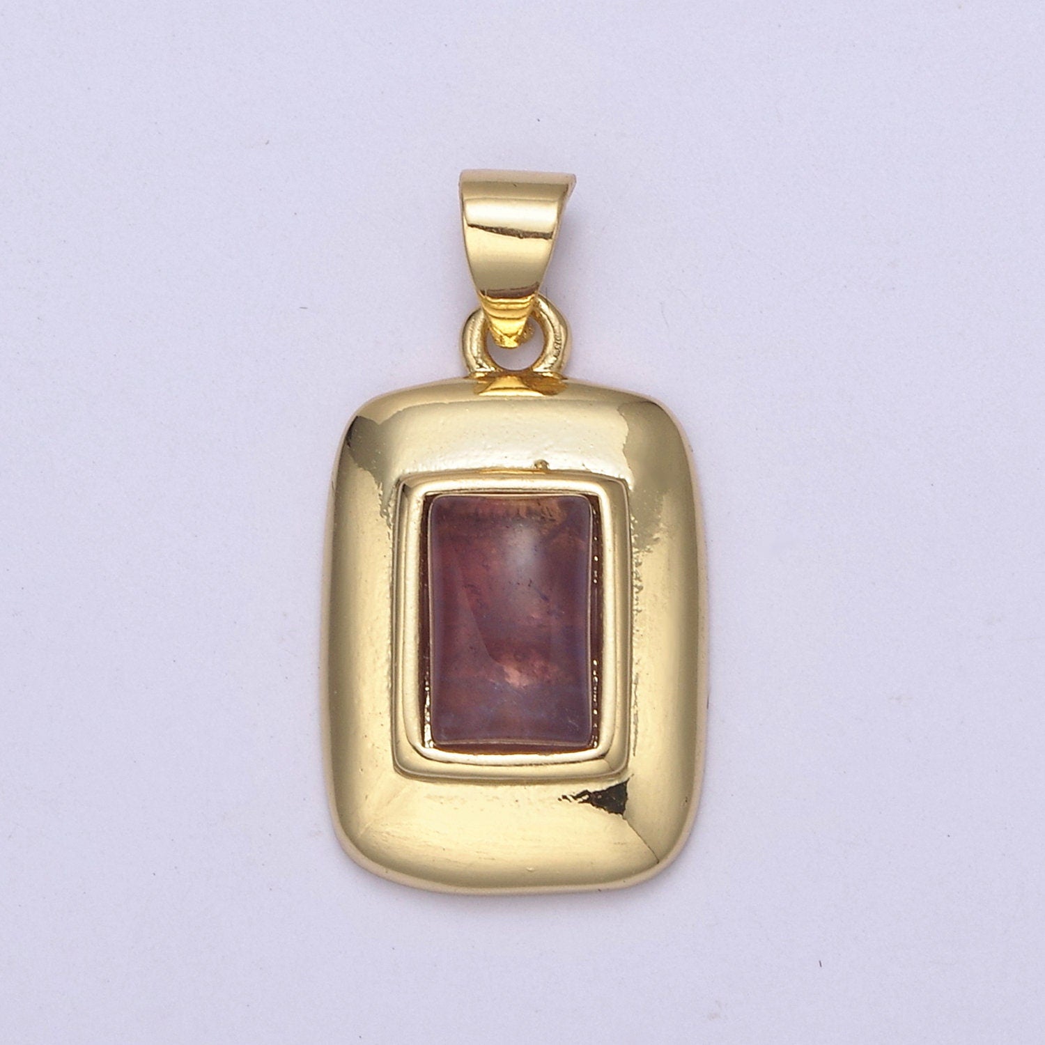 Dainty Ruby Dark Red Gemstone Square Rectangle Gold Medallion Charm Tiny Small Pendant Tag Charm, Bracelet Necklace Earring Finding | H-622