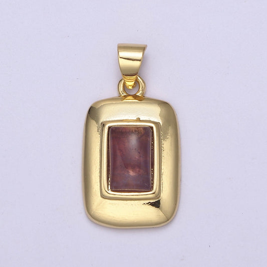 Dainty Ruby Dark Red Gemstone Square Rectangle Gold Medallion Charm Tiny Small Pendant Tag Charm, Bracelet Necklace Earring Finding | H-622
