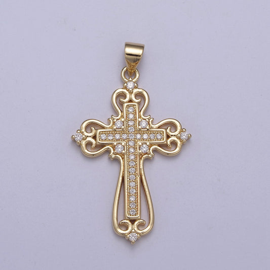 Beautiful Gold Ornate Cross Necklace Pendant Charm for Religious Christian Catholic Jewelry Making H-404