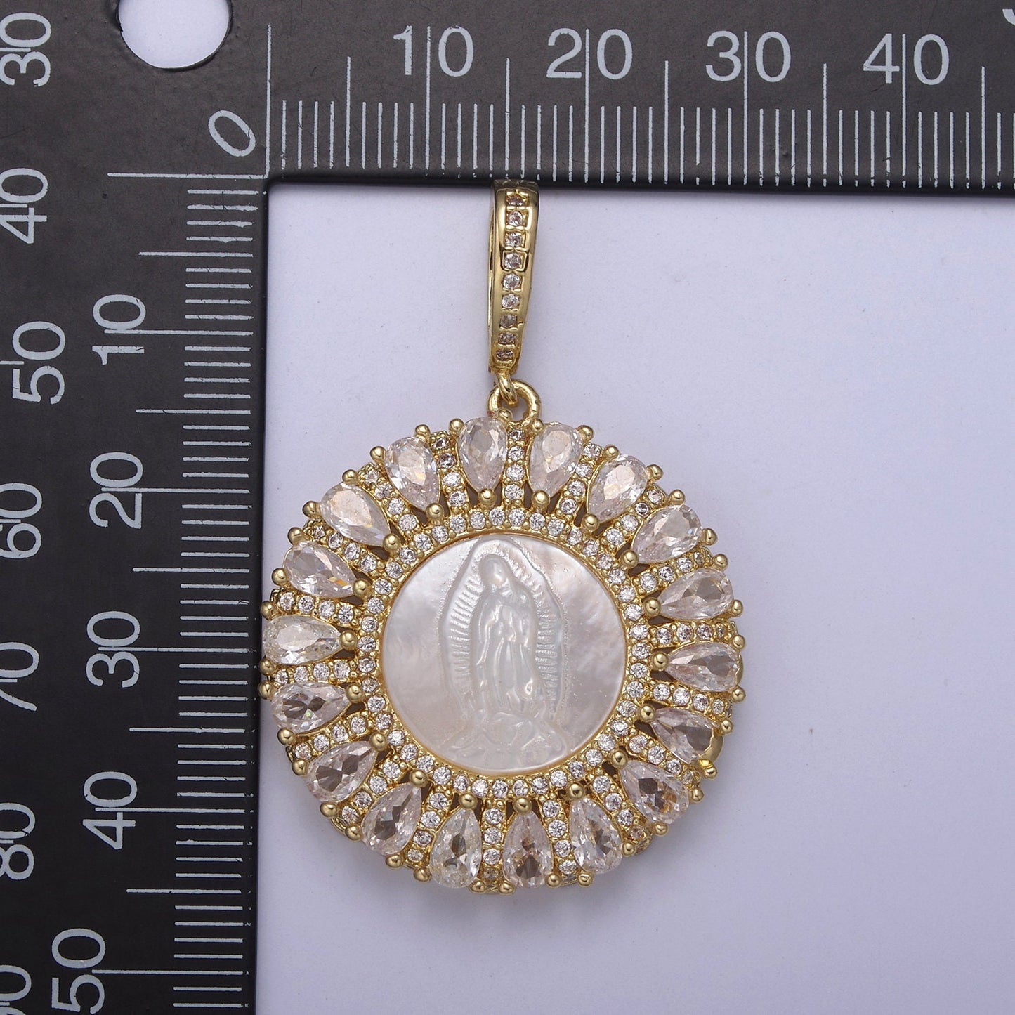 CZ Micro Pave Lady Guadalupe On Round Coin Pearl Charms, 14K Gold Filled Virgin Mary Pendant, Mother of Pearl Necklace Charm 42.5x30mm H-403