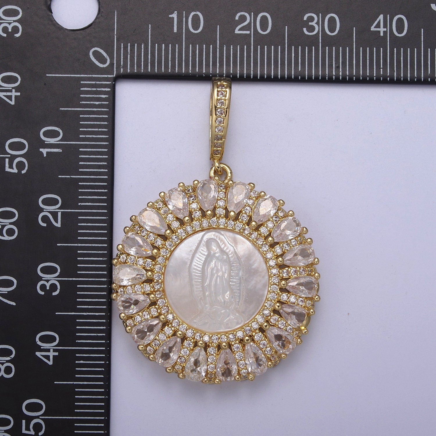 CZ Micro Pave Lady Guadalupe On Round Coin Pearl Charms, 14K Gold Filled Virgin Mary Pendant, Mother of Pearl Necklace Charm 42.5x30mm H-403