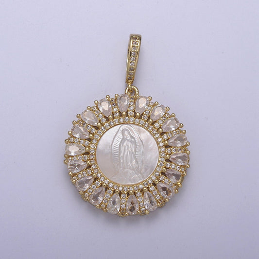 CZ Micro Pave Lady Guadalupe On Round Coin Pearl Charms, 14K Gold Filled Virgin Mary Pendant, Mother of Pearl Necklace Charm 42.5x30mm H-403