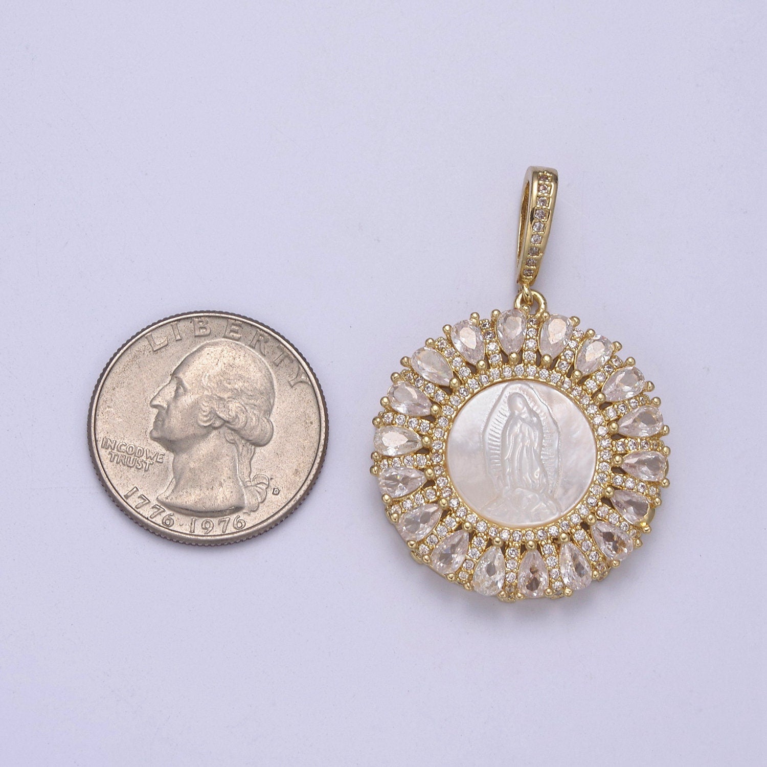 CZ Micro Pave Lady Guadalupe On Round Coin Pearl Charms, 14K Gold Filled Virgin Mary Pendant, Mother of Pearl Necklace Charm 42.5x30mm H-403