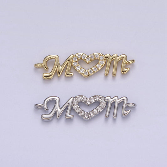 Gold Fill Gold or Silver Micro Pave CZ Heart Charm Connector Mother "MOM" with Heart Micro Pave CZ Connector diy Bracelet Necklace Component