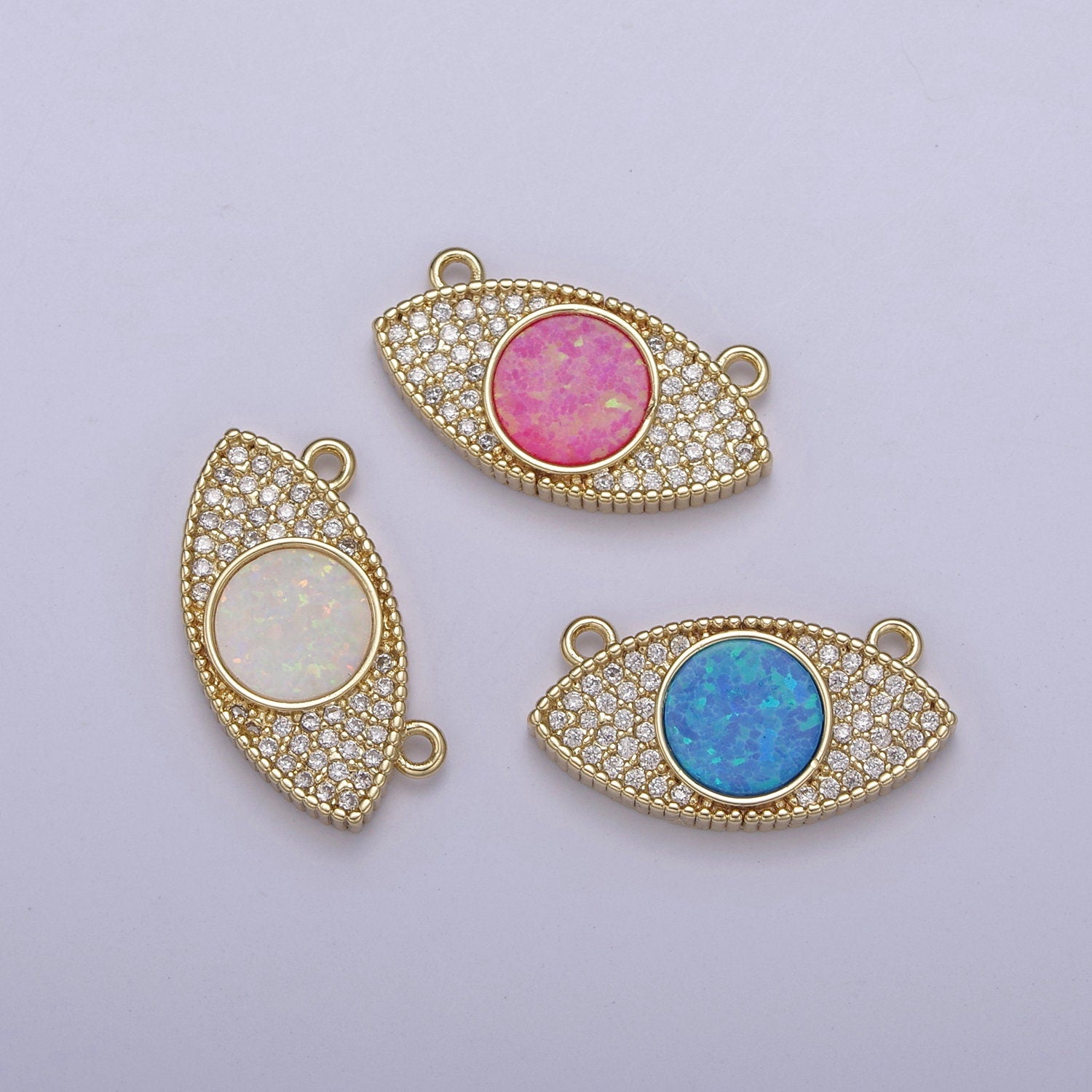 24K Gold Filled Legendary Evil Eye Opal Charm Connector, Evil Eye One Eye Link Connector CZ Greek Eye White / Blue / Pink DIY Jewelry Supply