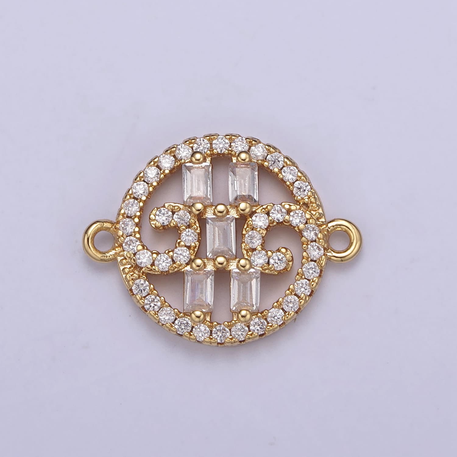Dainty Gold Round Coin Monogram Cz Charm Connector for Bracelet Necklace Supply F-682
