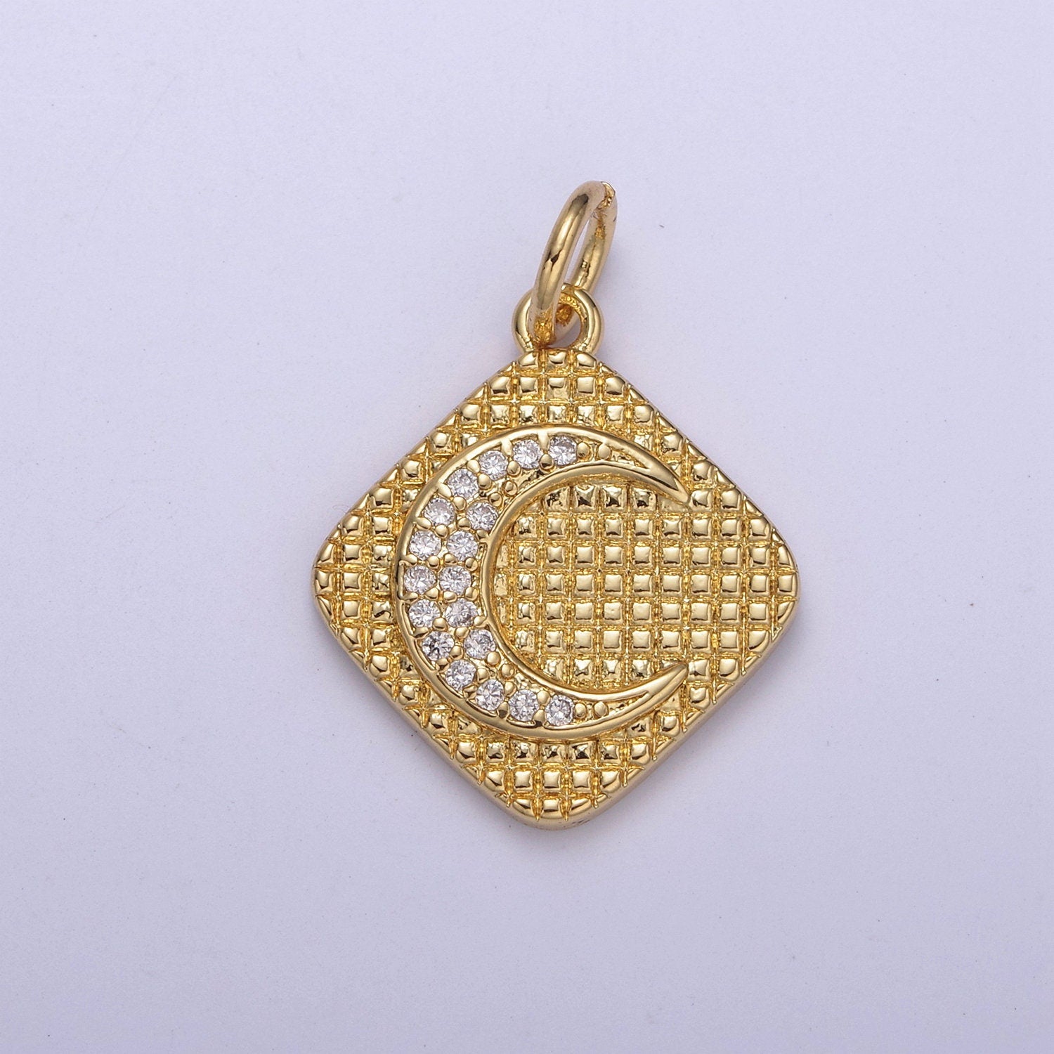 Gold Filled CZ Micro Pave Crescent Moon Medallion Pendant, 24K Gold Filled Rhombus Charm, Necklace Bracelet Pendant