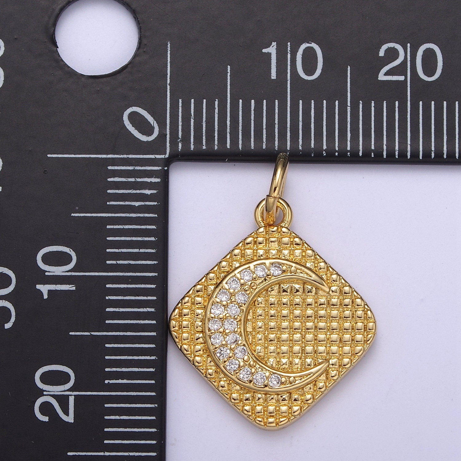 Gold Filled CZ Micro Pave Crescent Moon Medallion Pendant, 24K Gold Filled Rhombus Charm, Necklace Bracelet Pendant