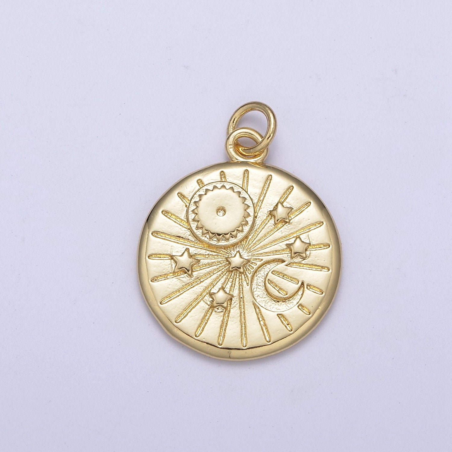 Round Coin Disc Star Sun Moon Planet Pendant, Gold Space Celestial pendant C-695