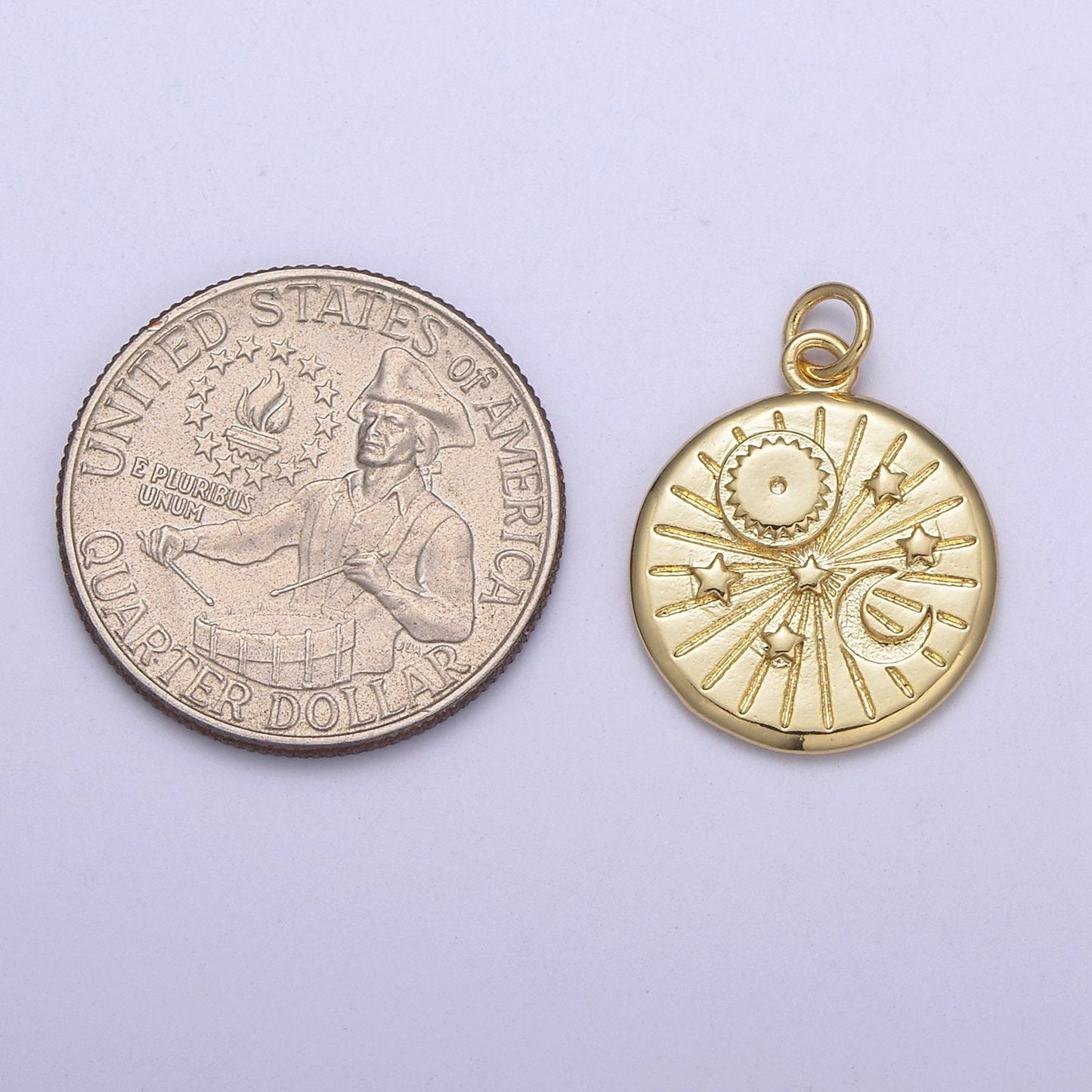 Round Coin Disc Star Sun Moon Planet Pendant, Gold Space Celestial pendant C-695