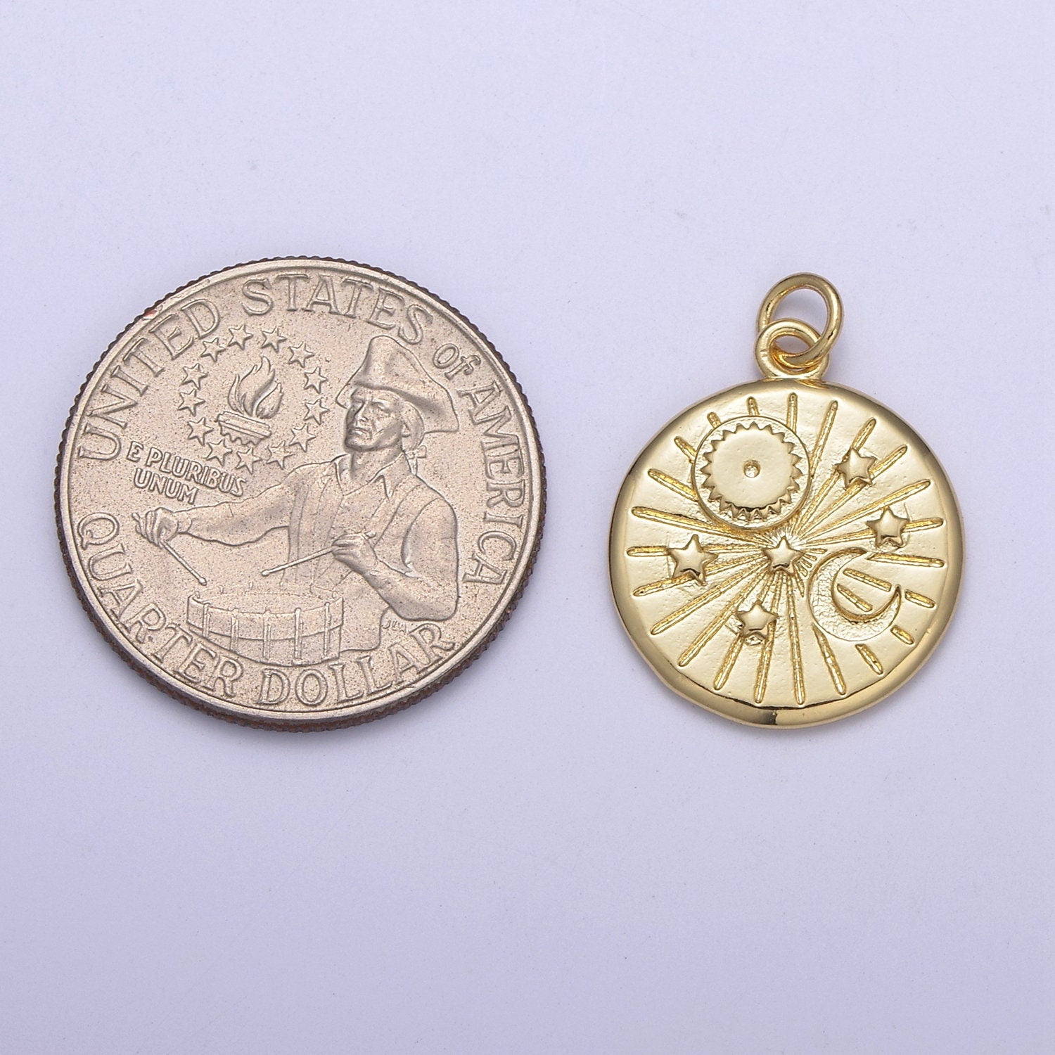 Round Coin Disc Star Sun Moon Planet Pendant, Gold Space Celestial pendant C-695