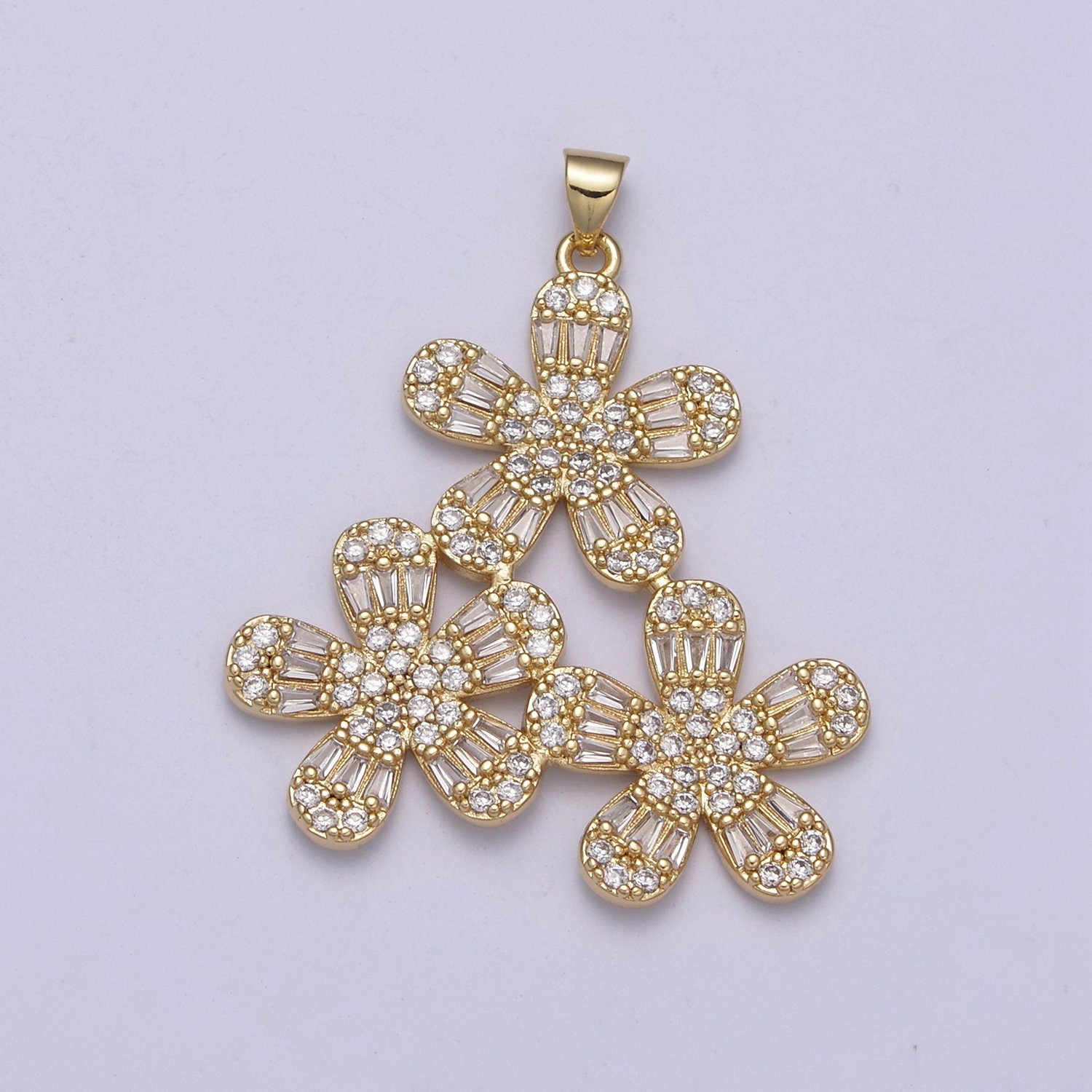 Cute Triple Floral Pendant Cubic Zirconia Flower Charm H-324
