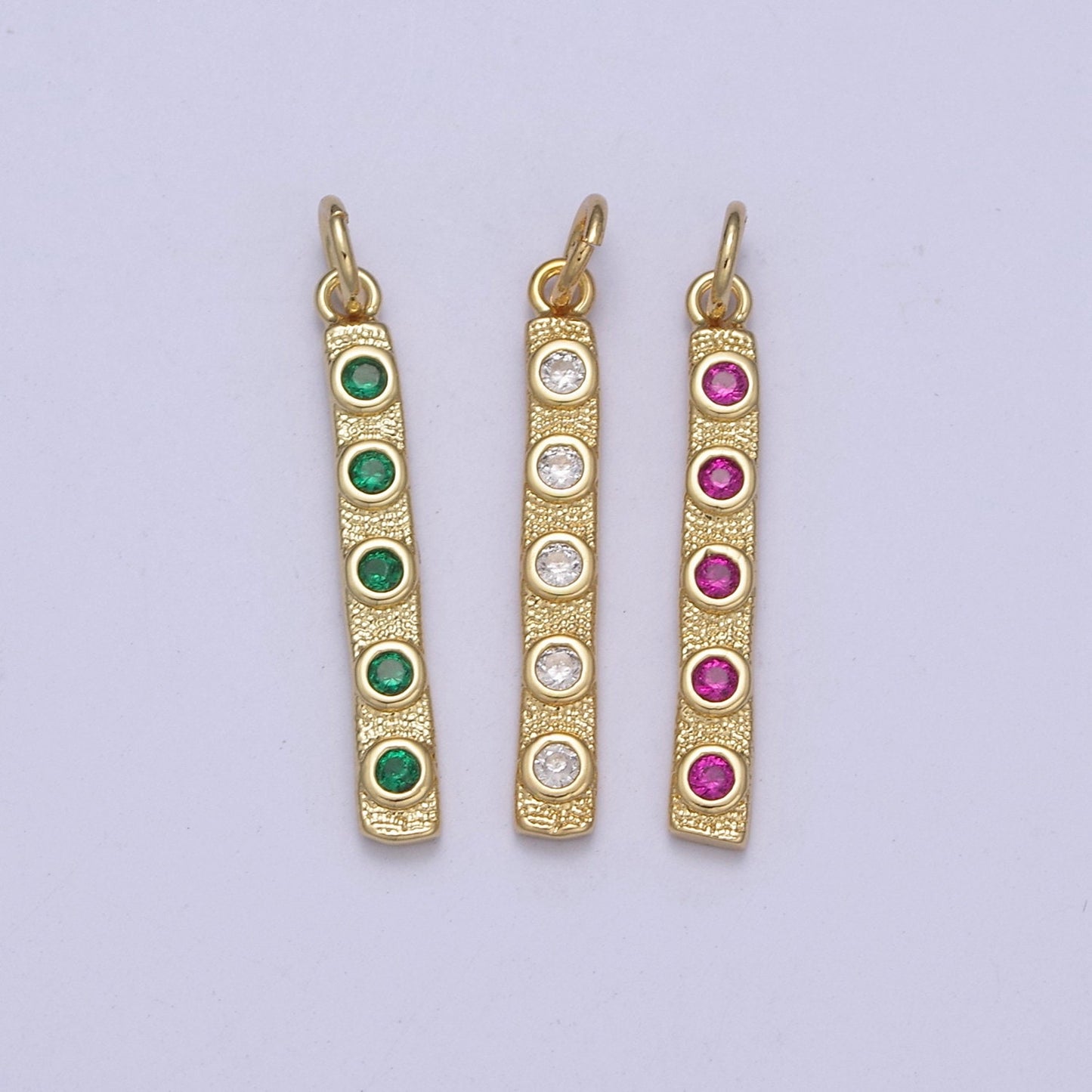 Thin Cubic Zirconia Stick Bar Cubic Zirconia Charms, Clear, Pink, Green CZ Bar Pendant, Gold Filled over Brass C-309