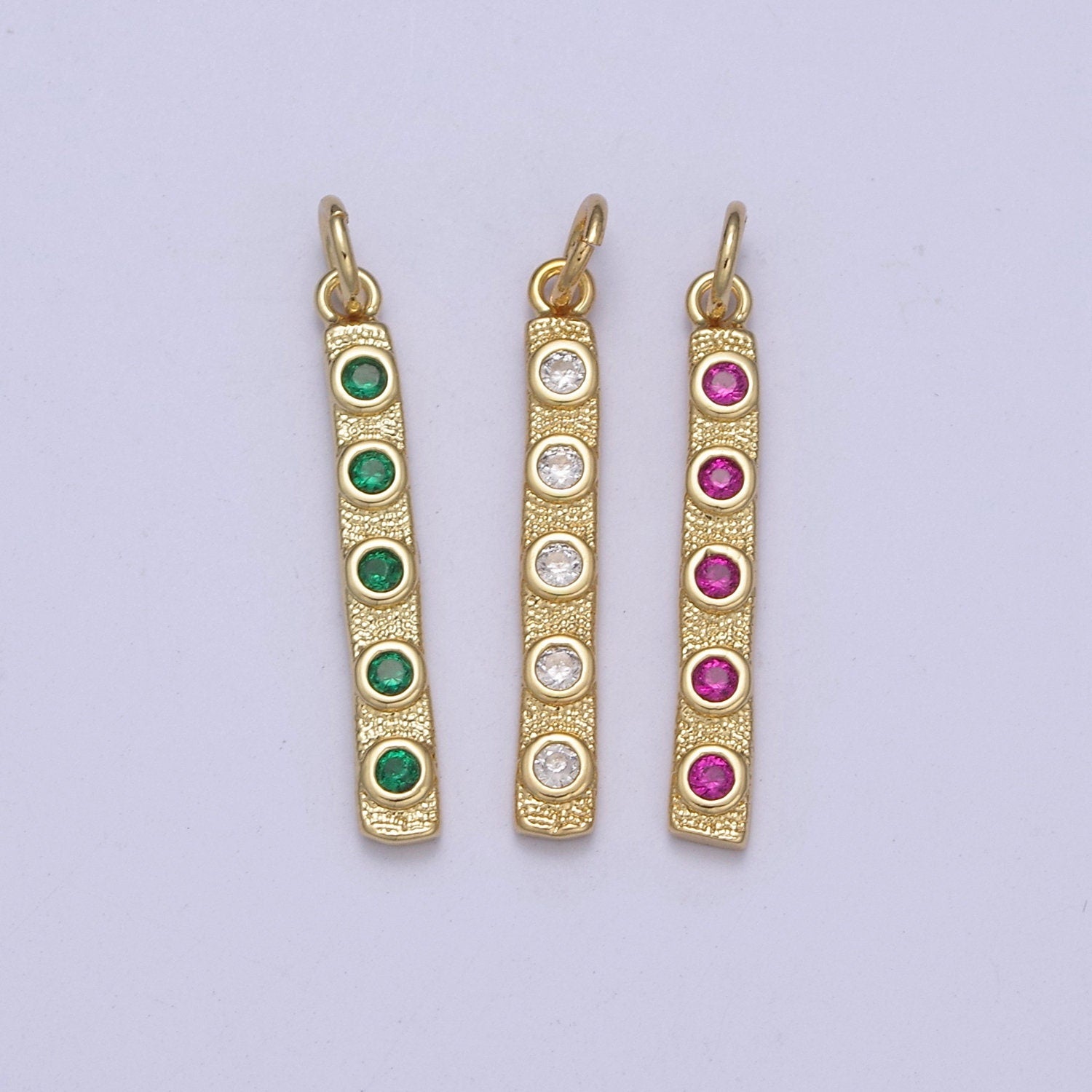 Thin Cubic Zirconia Stick Bar Cubic Zirconia Charms, Clear, Pink, Green CZ Bar Pendant, Gold Filled over Brass C-309