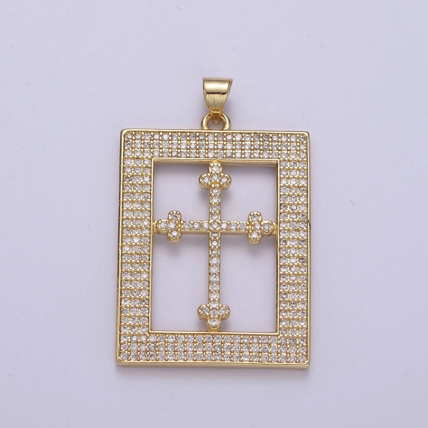 Iced Tile Cross Pendant with Cubic Zirconia Frame Charm for Religious Jewelry H-269