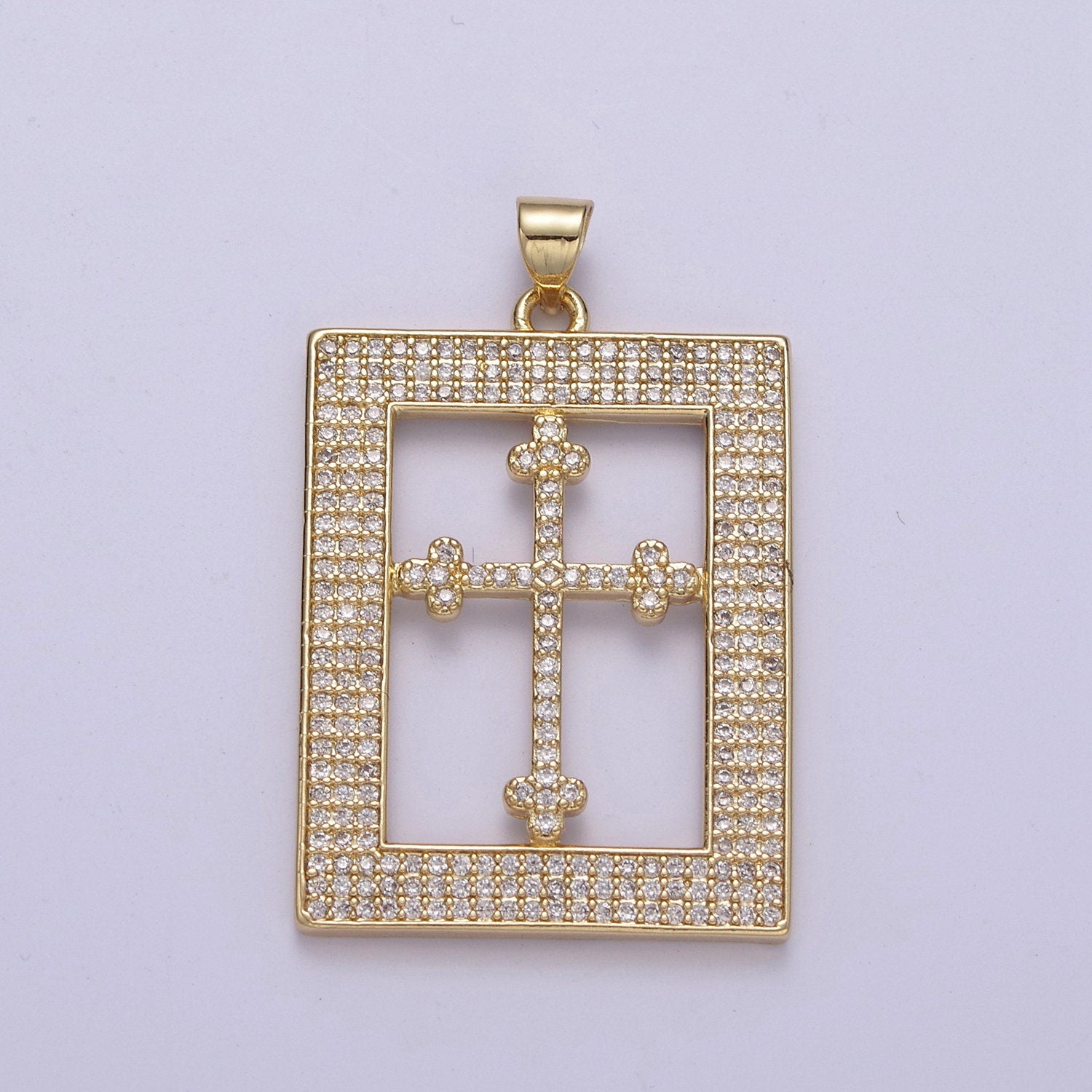 Iced Tile Cross Pendant with Cubic Zirconia Frame Charm for Religious Jewelry H-269
