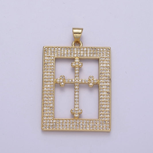 Iced Tile Cross Pendant with Cubic Zirconia Frame Charm for Religious Jewelry H-269
