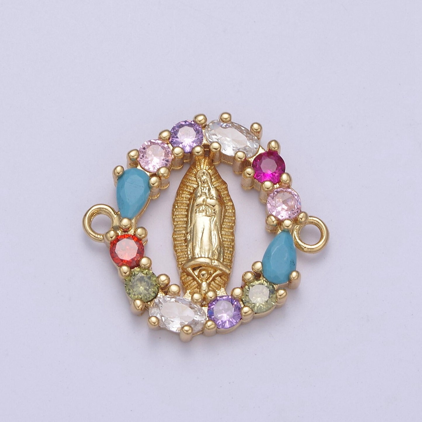 Mini Gold Filled CZ Virgin Mary On Round Coin Shape Connector, 14K Gold Filled Lady of Guadalupe Link Connector F-176