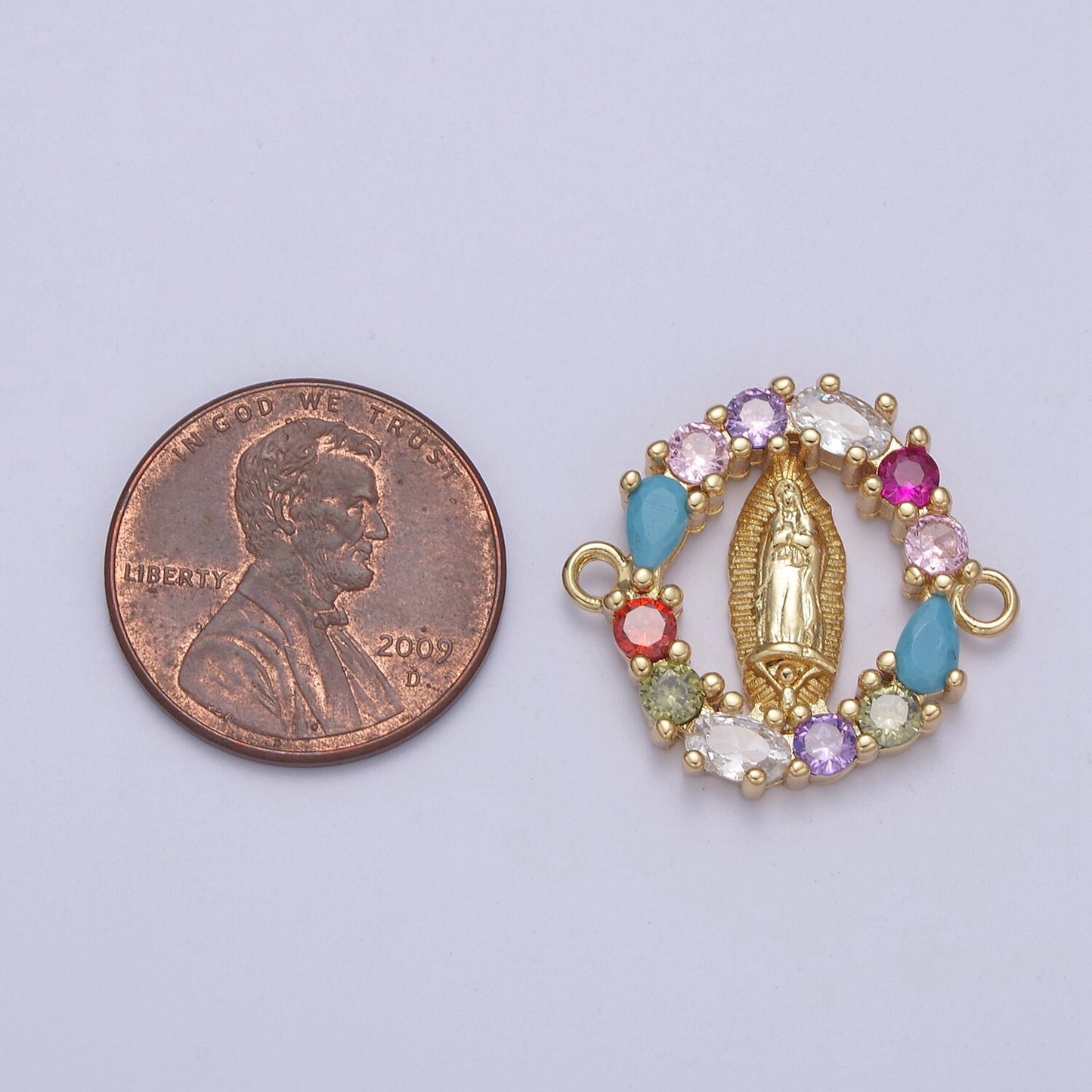 Mini Gold Filled CZ Virgin Mary On Round Coin Shape Connector, 14K Gold Filled Lady of Guadalupe Link Connector F-176
