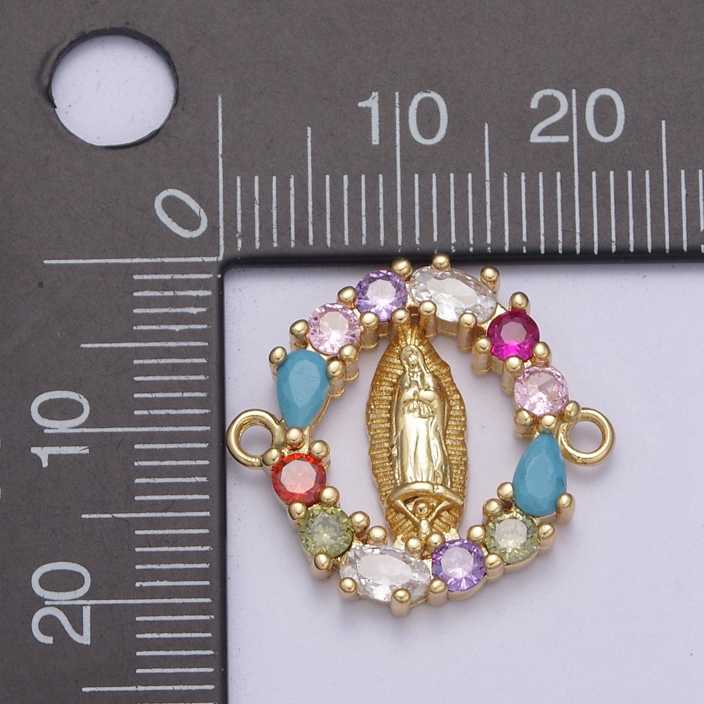 Mini Gold Filled CZ Virgin Mary On Round Coin Shape Connector, 14K Gold Filled Lady of Guadalupe Link Connector F-176