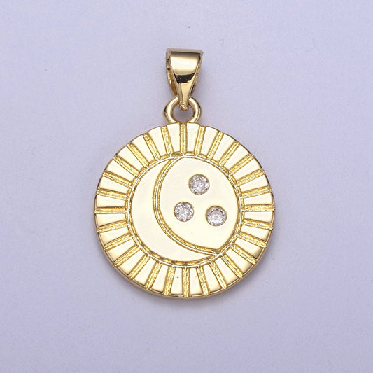 Mini Gold Round Coin Charm Moon Star Celestial Pendant H-154