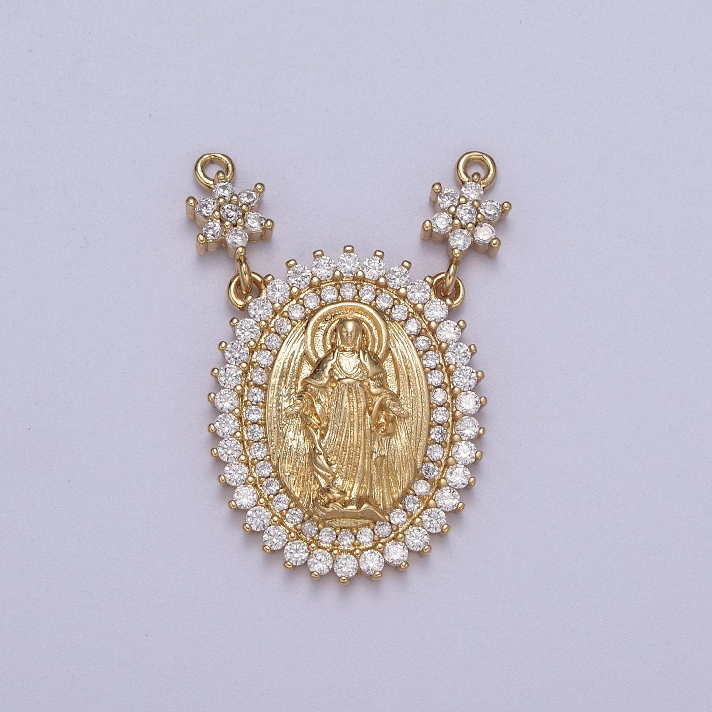 Cubic Gold Miraculous Lady Charm Connector Virgin Mary Coin Medallion Pendant for Religious Necklace F-131