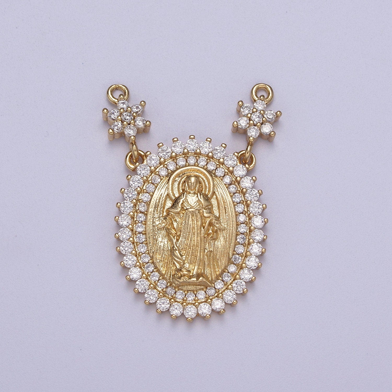 Cubic Gold Miraculous Lady Charm Connector Virgin Mary Coin Medallion Pendant for Religious Necklace F-131