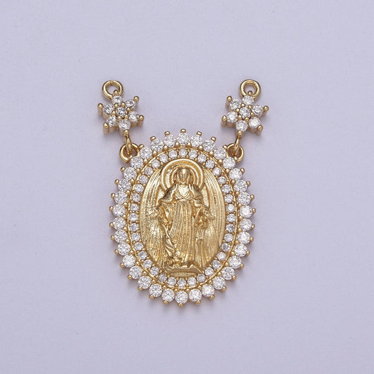 Cubic Gold Miraculous Lady Charm Connector Virgin Mary Coin Medallion Pendant for Religious Necklace F-131