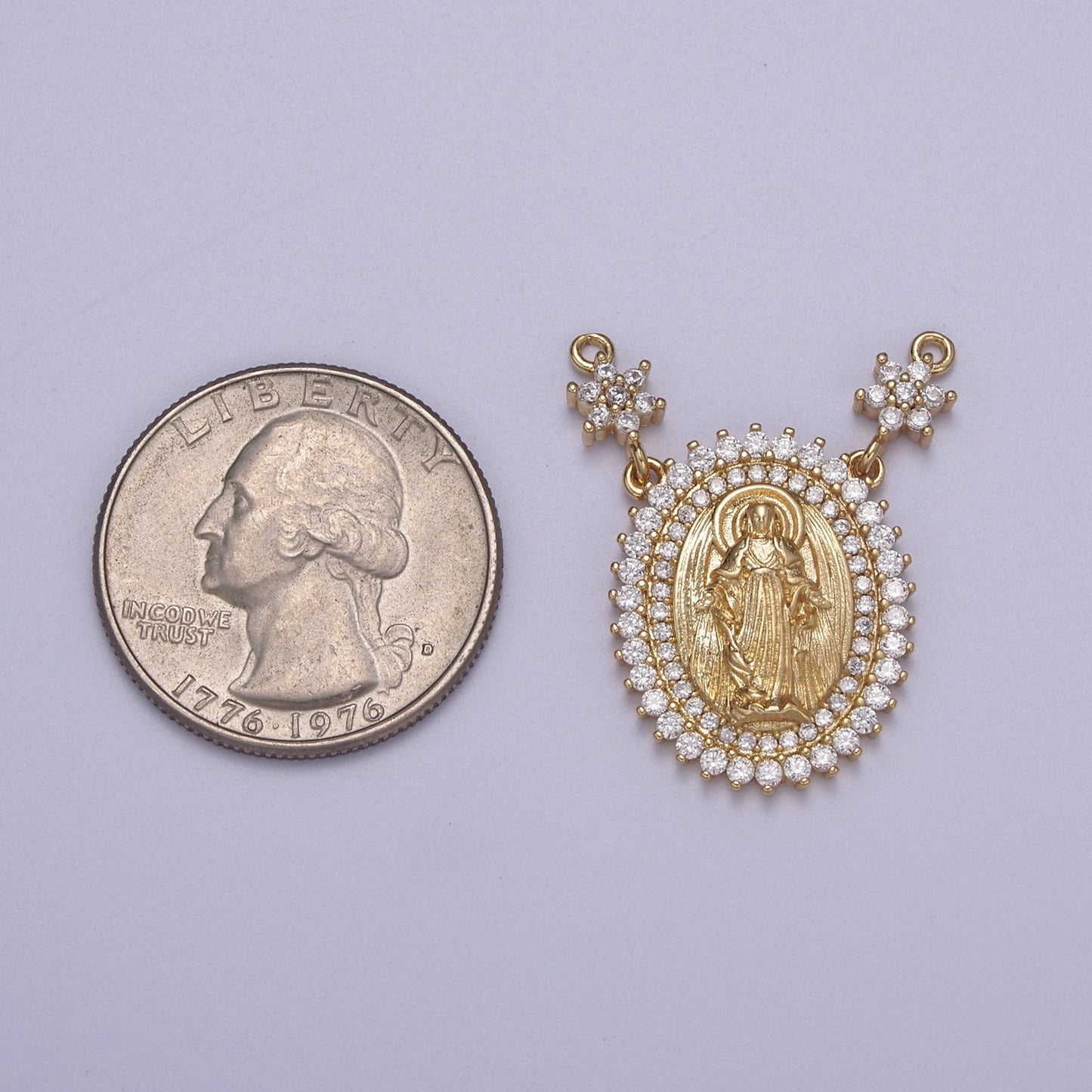 Cubic Gold Miraculous Lady Charm Connector Virgin Mary Coin Medallion Pendant for Religious Necklace F-131