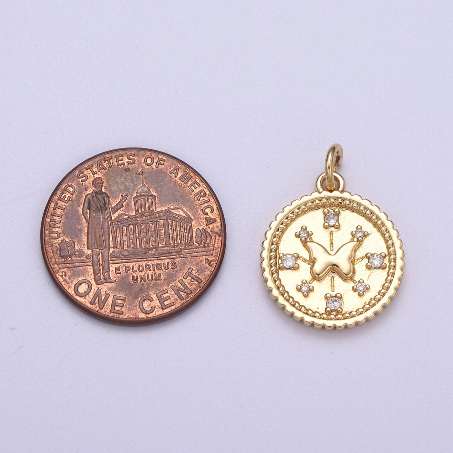 Small Butterfly Charm Pendant 16K Gold Filled CZ Micro Pave Small Coin Charm Pendant Necklace N-282