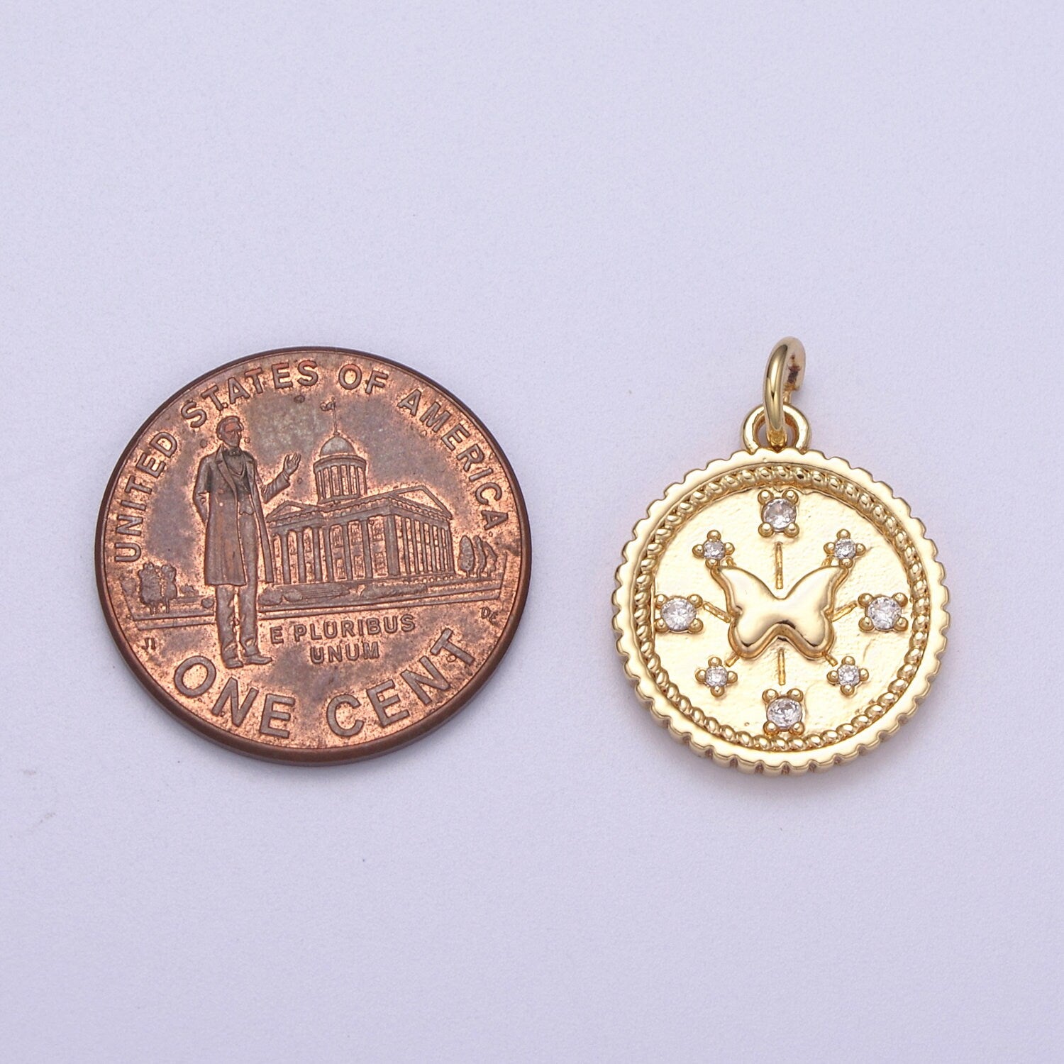 Small Butterfly Charm Pendant 16K Gold Filled CZ Micro Pave Small Coin Charm Pendant Necklace N-282