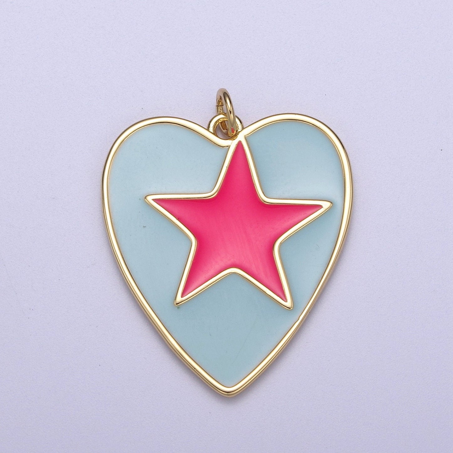 Enamel Colorful Five Point Star On Heart Shape Pendant, 14K Gold Filled Blue Enamel Charm N-300