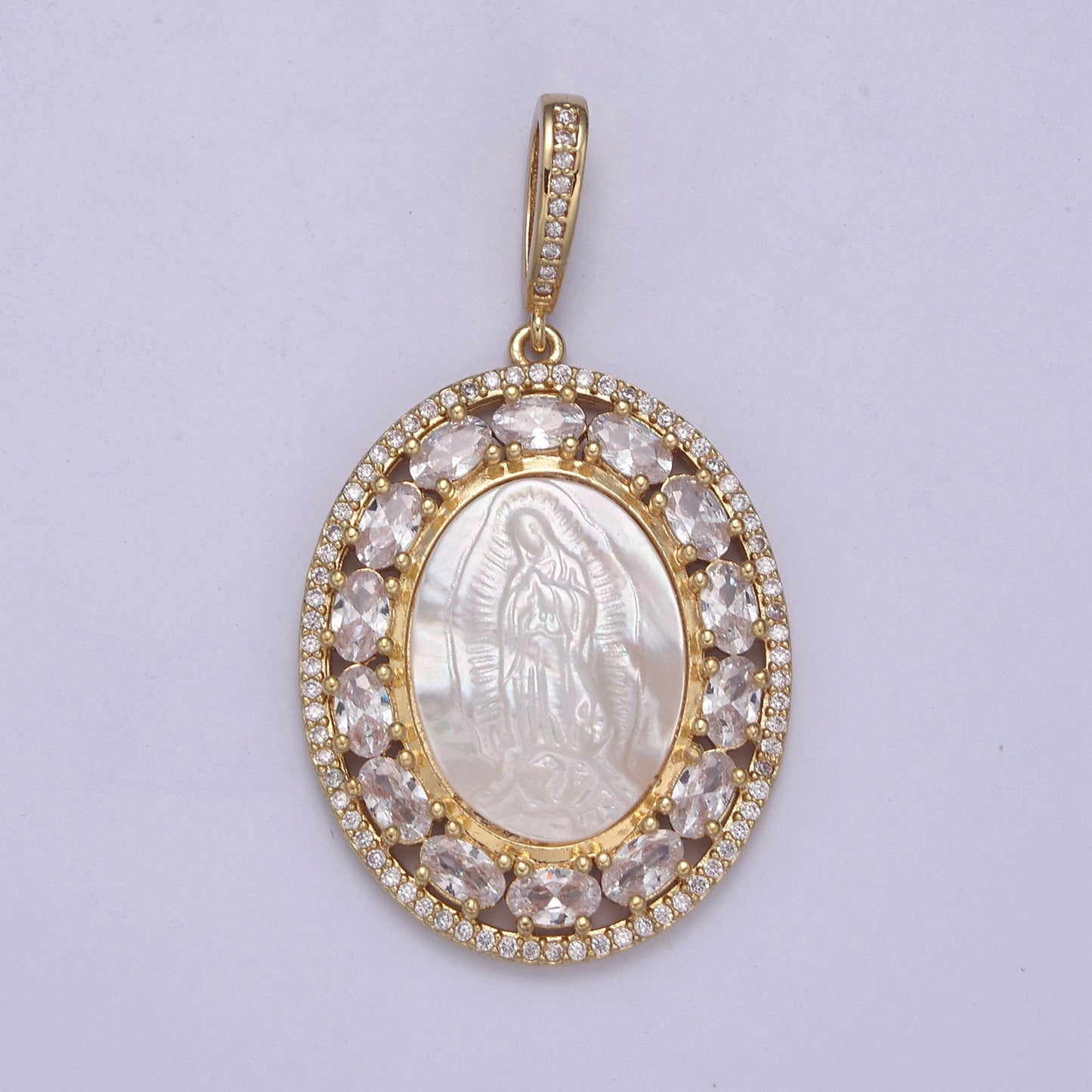 Bold CZ Micro Pave Lady Guadalupe On Oval Pearl Charms, 14K Gold Filled Virgin Mary Pendant, Mother of Pearl Necklace Charm H-515