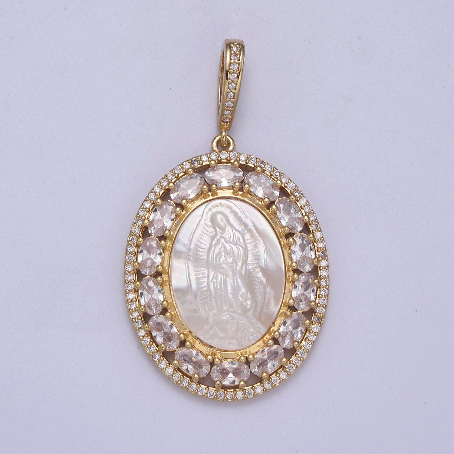 Bold CZ Micro Pave Lady Guadalupe On Oval Pearl Charms, 14K Gold Filled Virgin Mary Pendant, Mother of Pearl Necklace Charm H-515