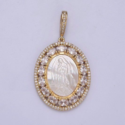 Bold CZ Micro Pave Lady Guadalupe On Oval Pearl Charms, 14K Gold Filled Virgin Mary Pendant, Mother of Pearl Necklace Charm H-515