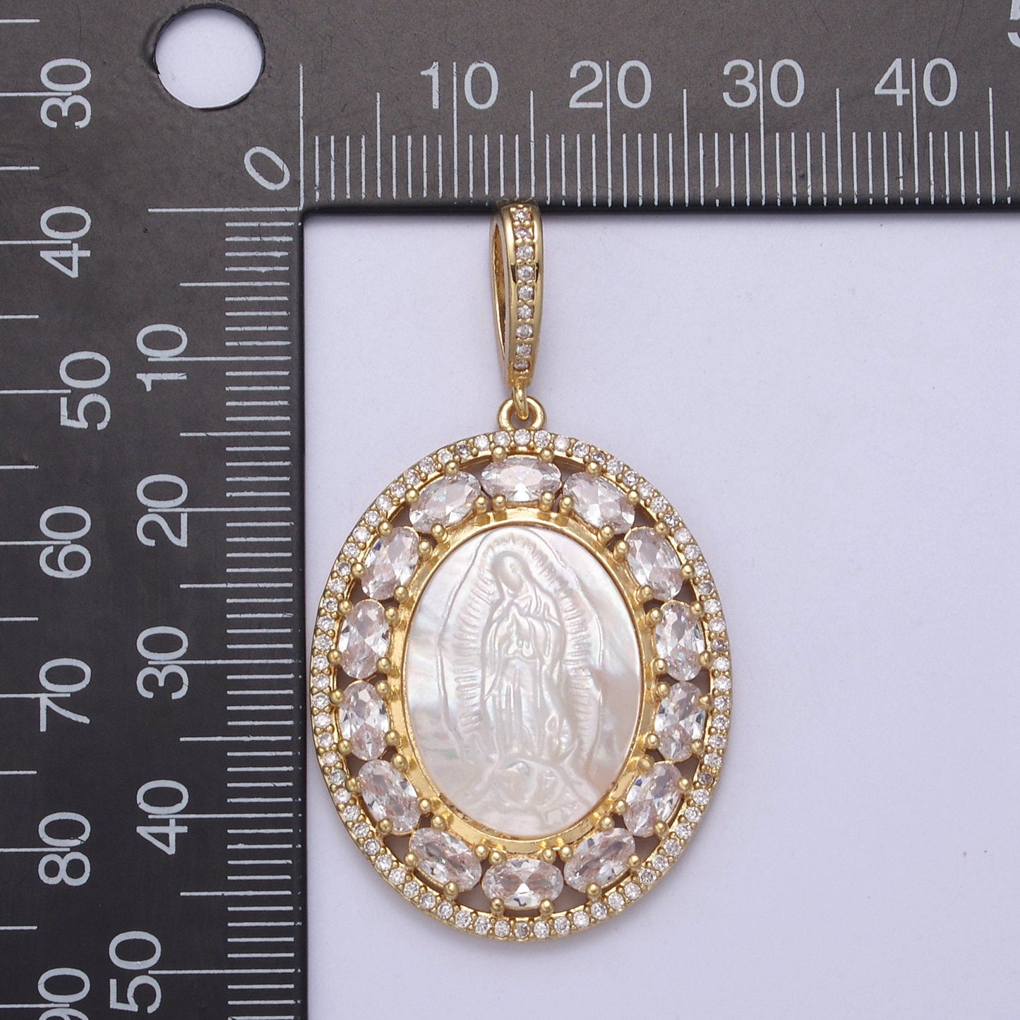 Bold CZ Micro Pave Lady Guadalupe On Oval Pearl Charms, 14K Gold Filled Virgin Mary Pendant, Mother of Pearl Necklace Charm H-515