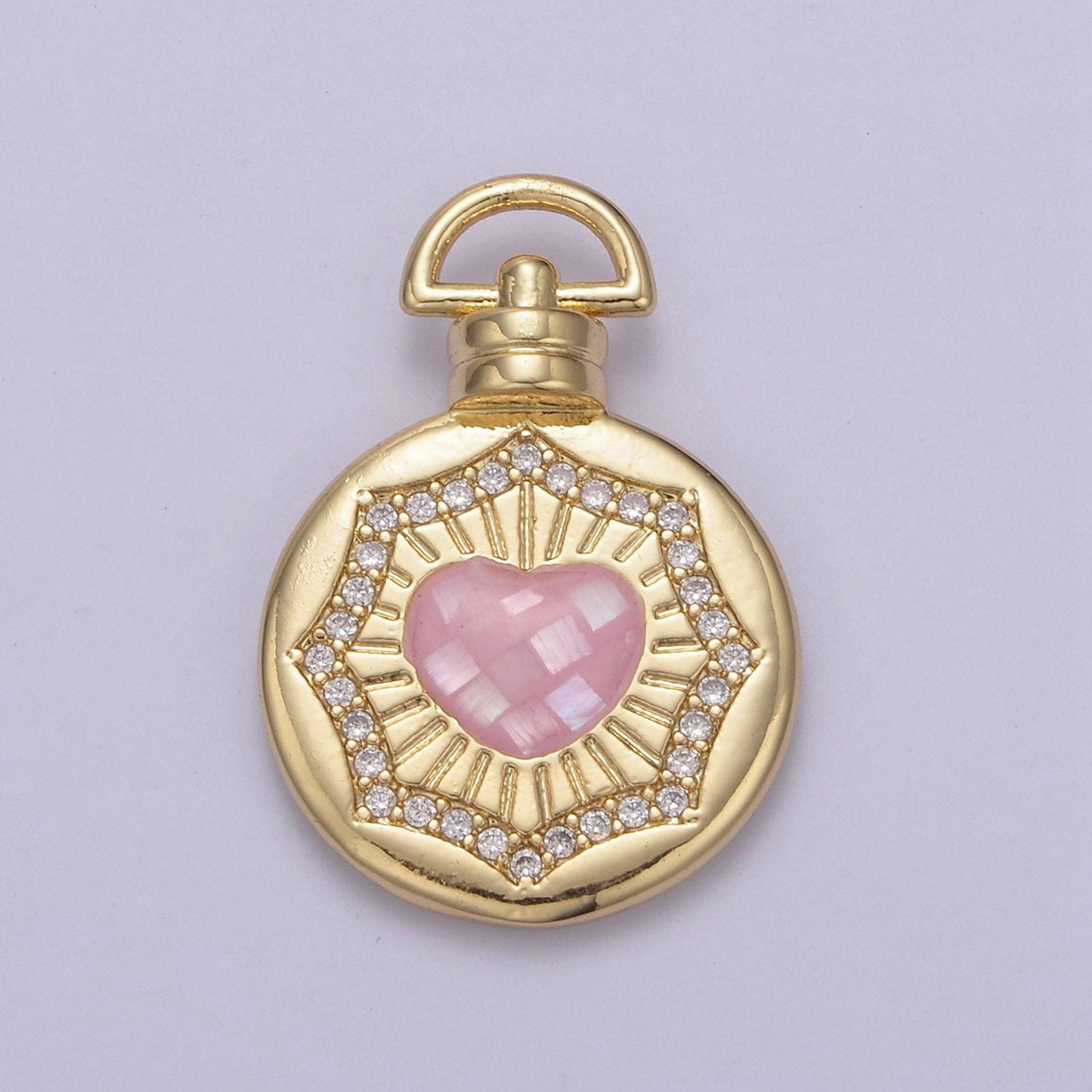 24K Gold Round Pink / White Heart Medallion with Micro Pave Cubic Zirconia Love & Friendship Gift, Charm Pendant For Jewelry Making Findings
