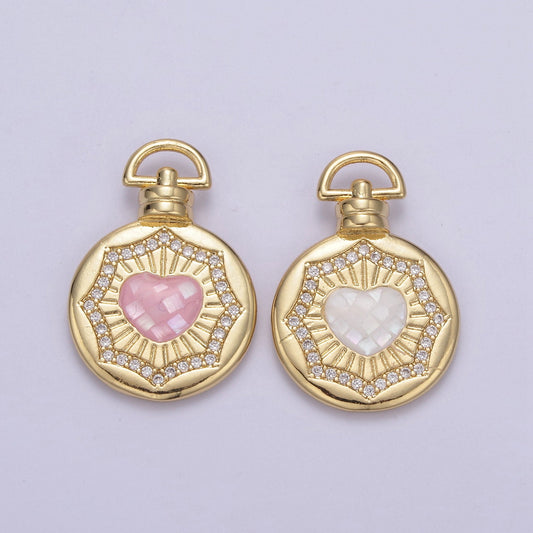 24K Gold Round Pink / White Heart Medallion with Micro Pave Cubic Zirconia Love & Friendship Gift, Charm Pendant For Jewelry Making Findings