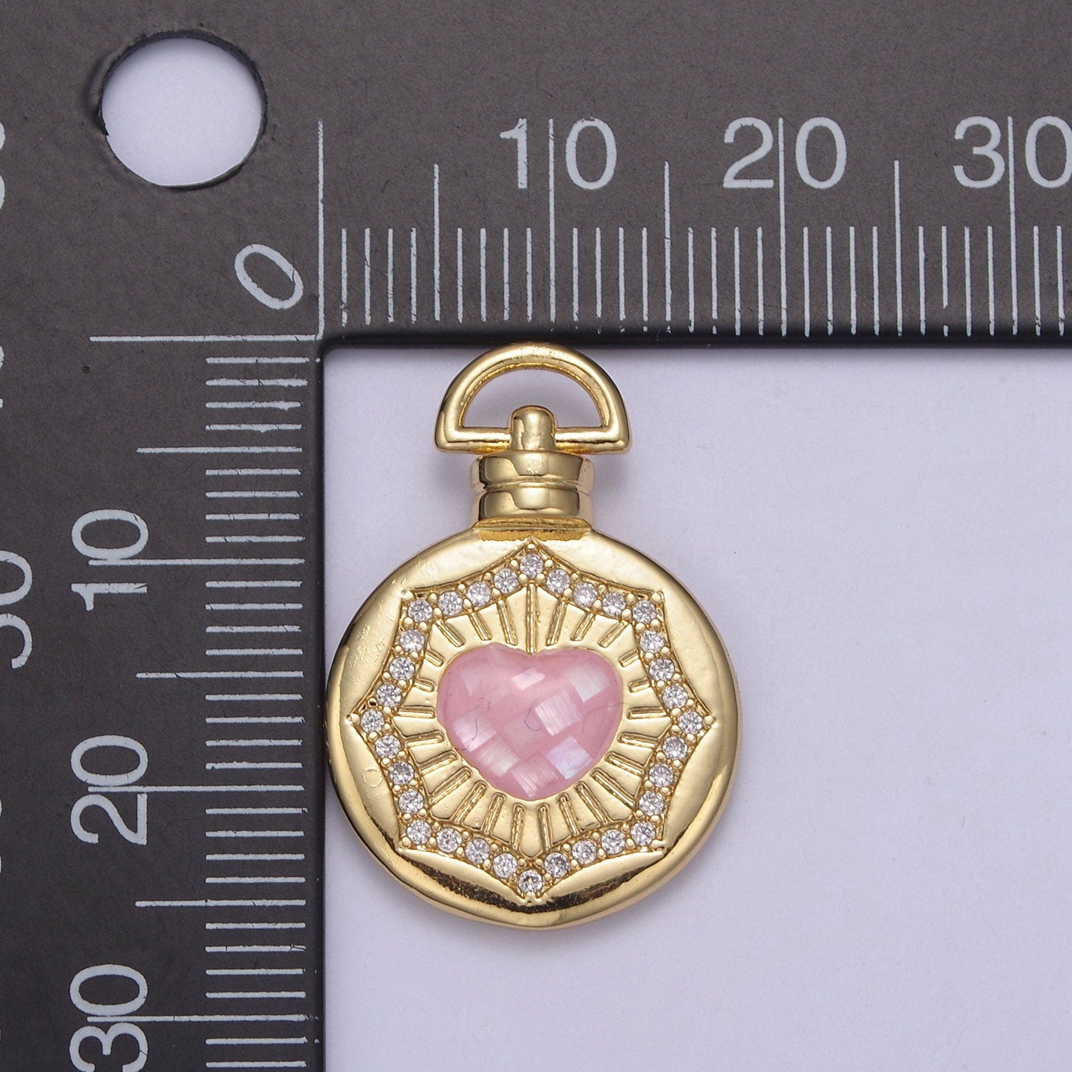 24K Gold Round Pink / White Heart Medallion with Micro Pave Cubic Zirconia Love & Friendship Gift, Charm Pendant For Jewelry Making Findings