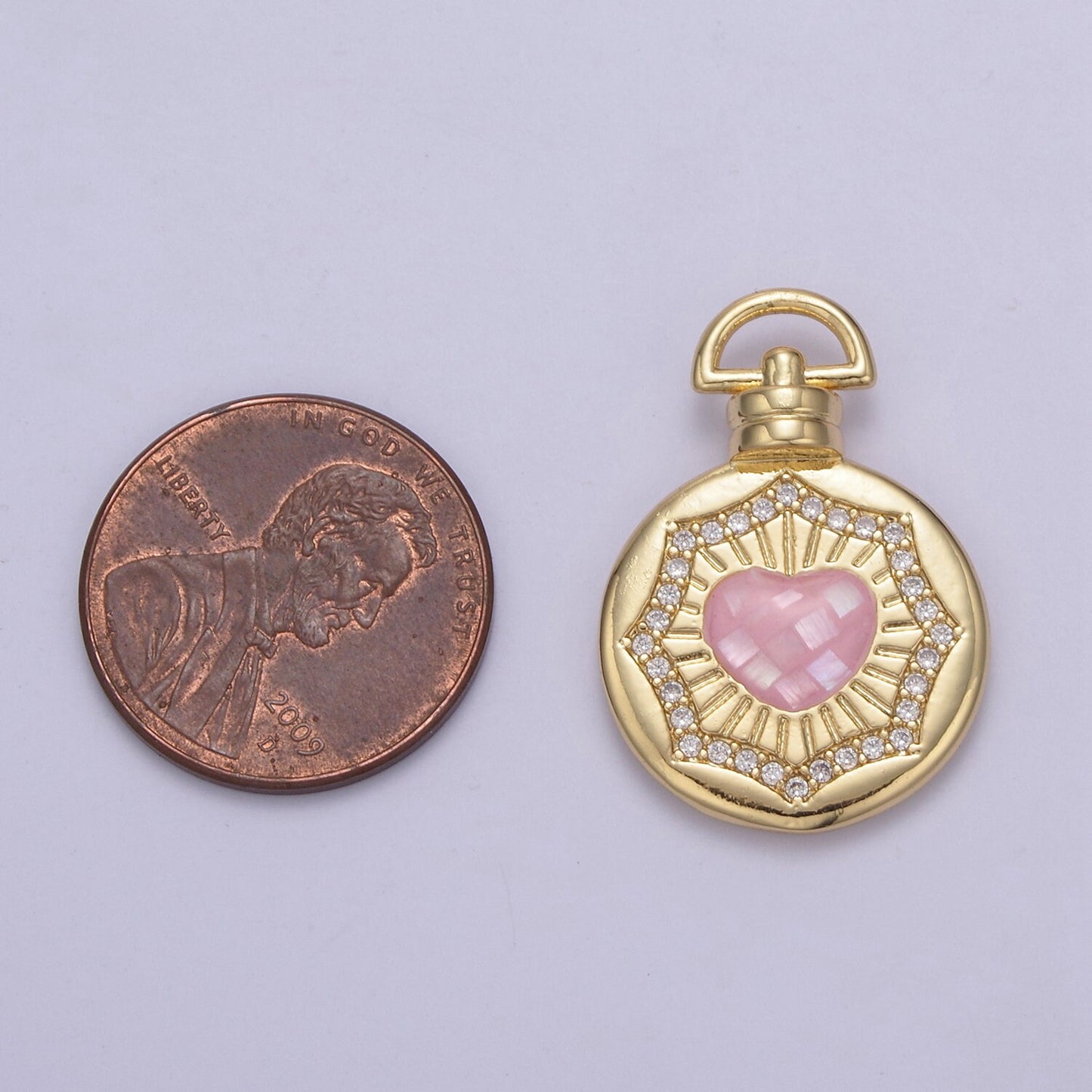 24K Gold Round Pink / White Heart Medallion with Micro Pave Cubic Zirconia Love & Friendship Gift, Charm Pendant For Jewelry Making Findings