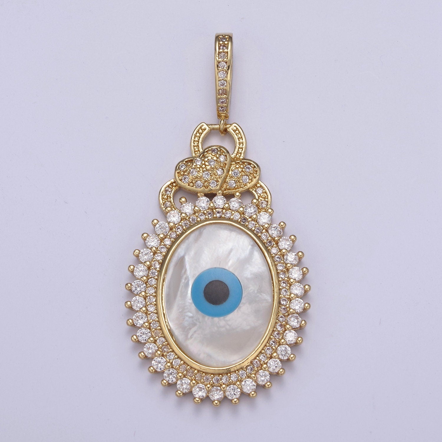 24K Gold Eye of Ra Pendant with Micro Pave CZ Heart on Bail, Evil Eye Charm For DIY Jewelry Necklace Making H-830