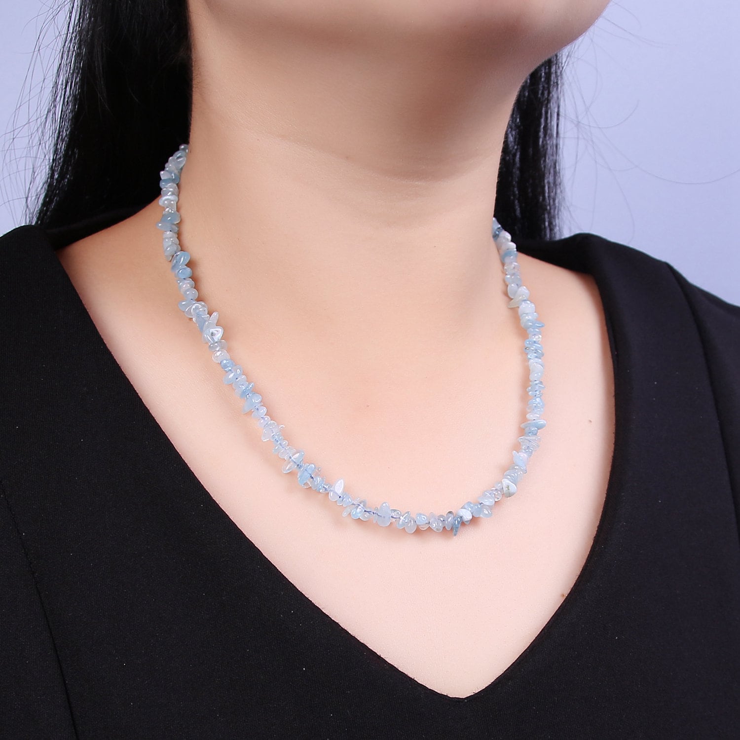 Blue Apatite Beaded Necklace - 18.2" Chip Necklace Healing Crystals, Gemstone Necklace, Handmade Jewelry, Crystal Necklace WA-641