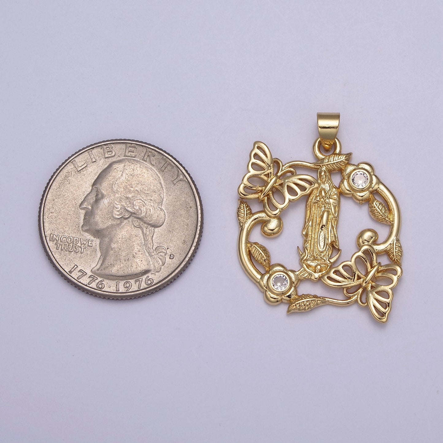 24K Gold Virgin Mother Mary with Mariposa Butterfly, Flower Pendant Charm For Baptism, Religious Charm For DIY Necklace Making H-823